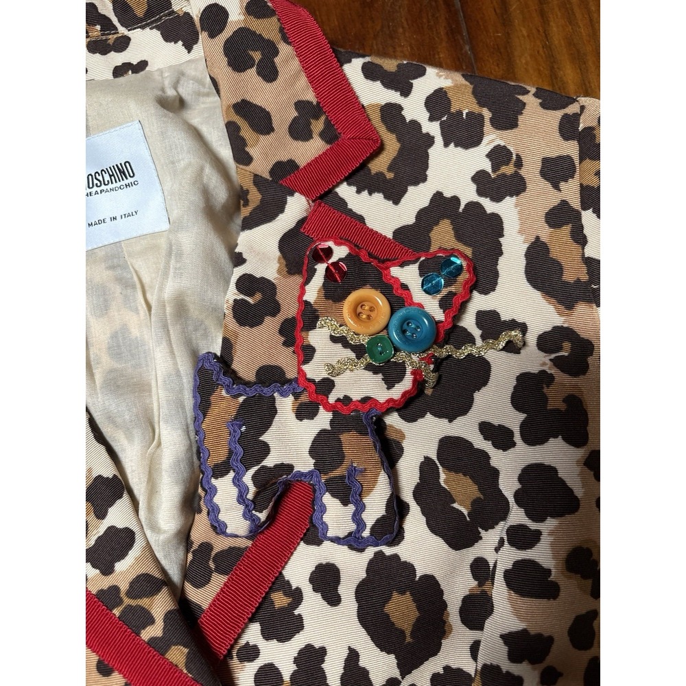 Moschino Cheap & Chic Leopard Print Red Trim Cat Buttons Appliqué Blazer Sz 10 - Picture 6 of 16